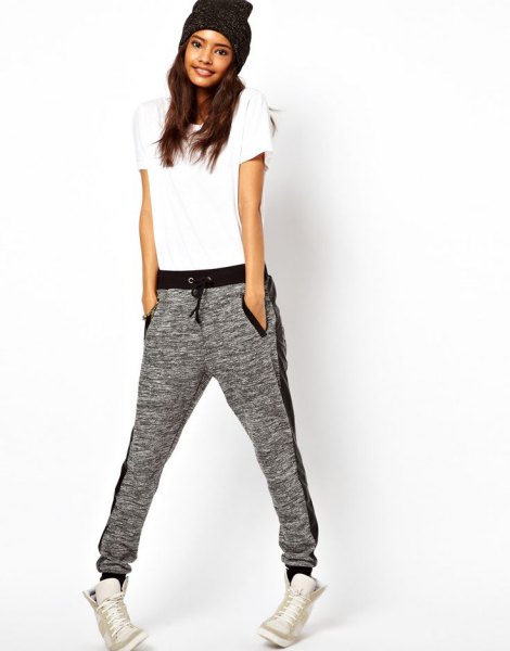 white t-shirt with gray hat and matching jogger pants