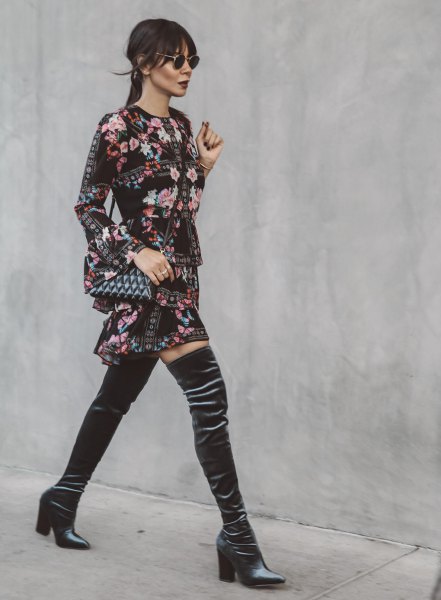 black velvet boots with long sleeves and floral pattern
