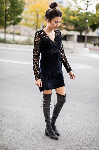 black lace mini dress gray velvet over the knee boots