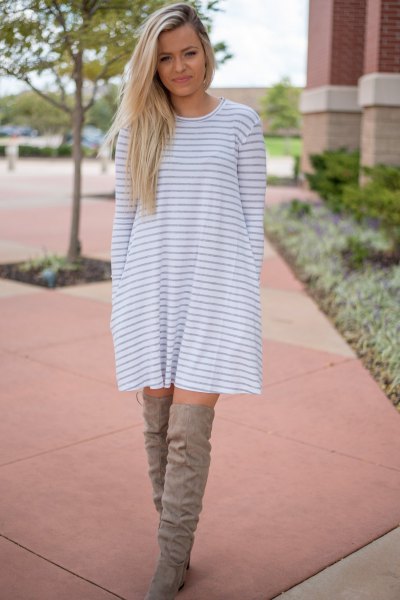 gray and white striped long sleeve swing dress