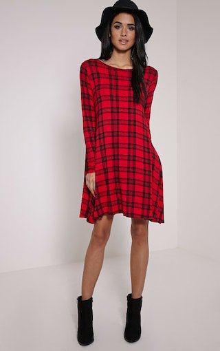 black and red plaid swing dress with floppy hat