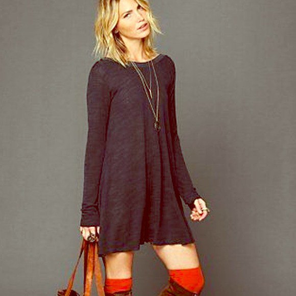 gray long sleeve swing dress with brown suede knee high boots