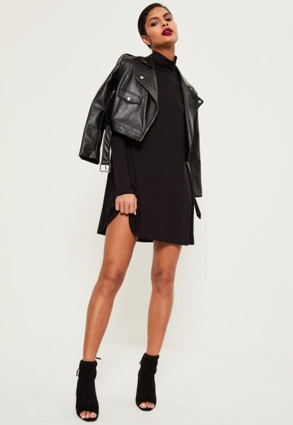 black leather jacket with high neck swing dress