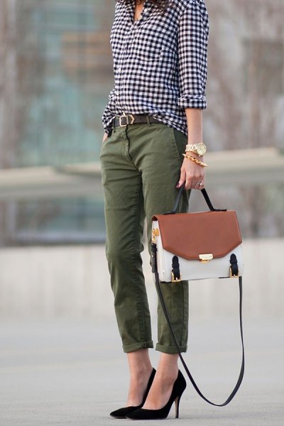 black and white checked button down shirt and straight leg trousers with green cuffs