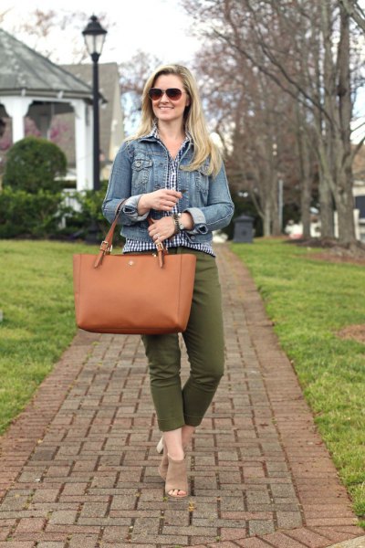 blue denim jacket with checked blouse and cropped green pants