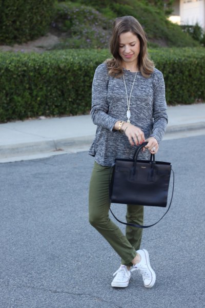 heather gray loose fitting sweater with green straight leg pants