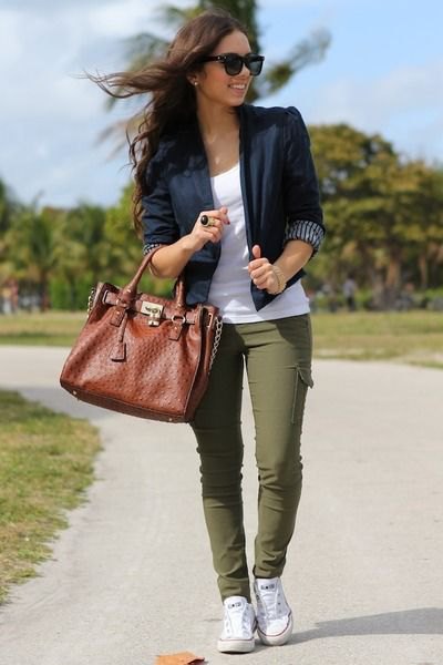 black blazer with three-quarter sleeves, white tank top and olive green pants