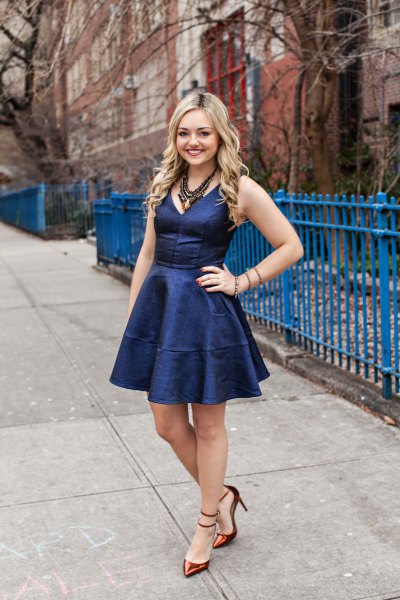 Blue fitted and flared silk mini skater dress