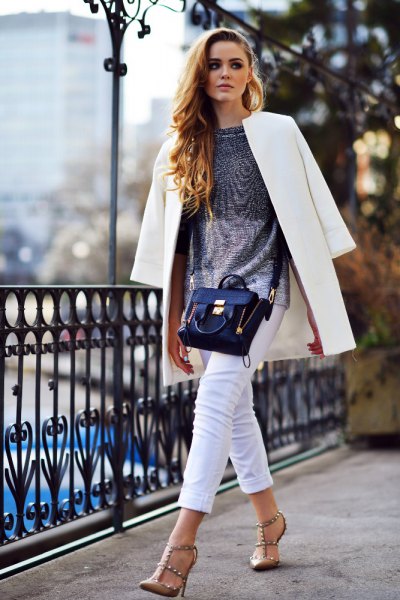 long white blazer with silver top and bronze heels