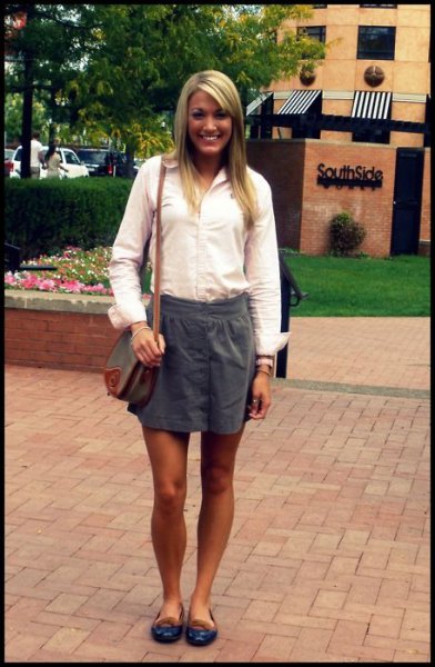 white button down shirt and gray mini skirt with elastic waist
