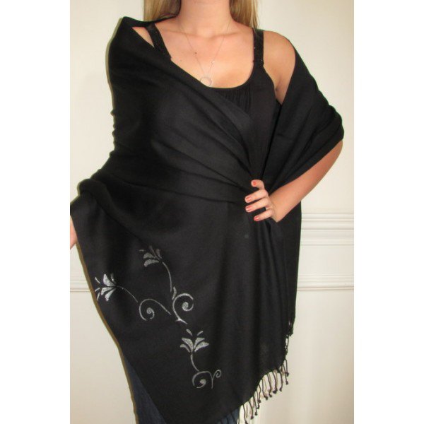 black scarf with silver floral details
