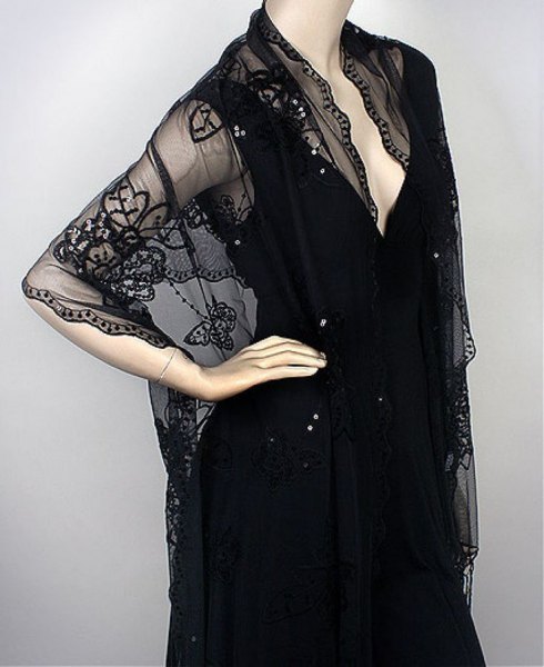 Lace Shawl Black Deep V Neck Bodycon Midi Dress