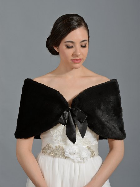 white wedding dress black faux fur shawl