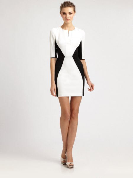 White and Black Half Sleeve Bodycon Mini Dress
