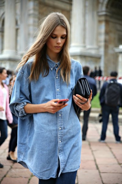 Oversized light blue button down chambray shirt and black leggings