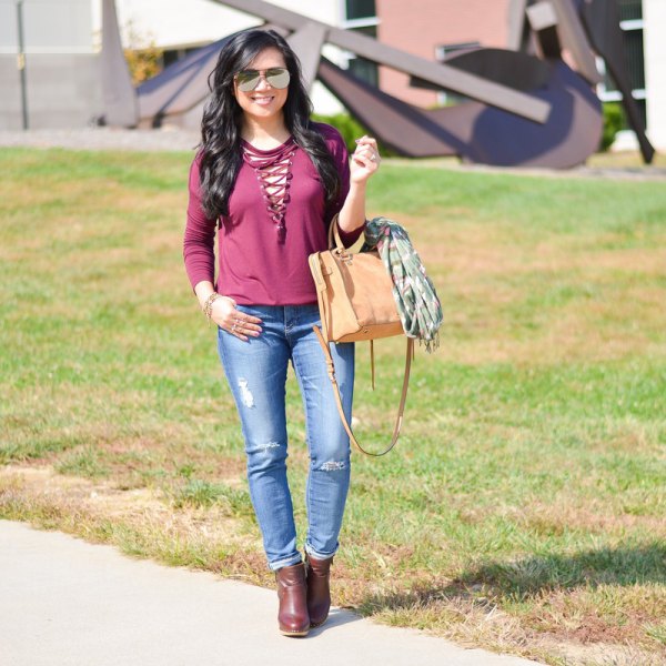 pink lace-up long sleeve t-shirt jeans