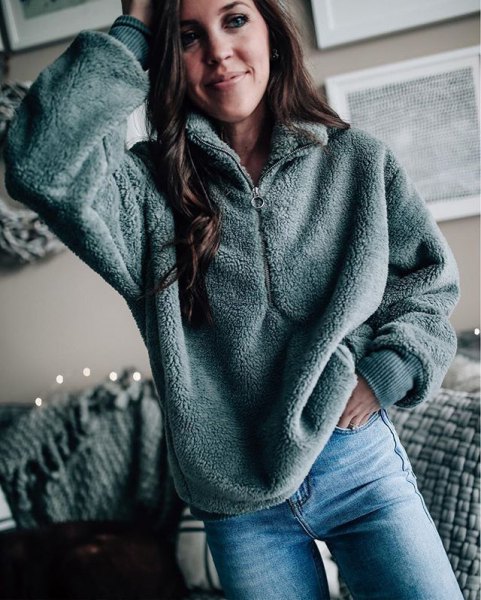 gray oversized fleece half-zip sweater and boyfriend jeans