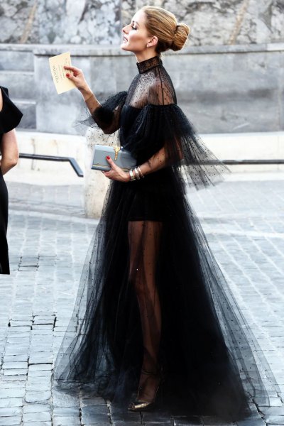 black chiffon tulle dress, sheer shoulders and tail