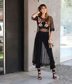 black sheer floral mesh dress over bra tops and pants