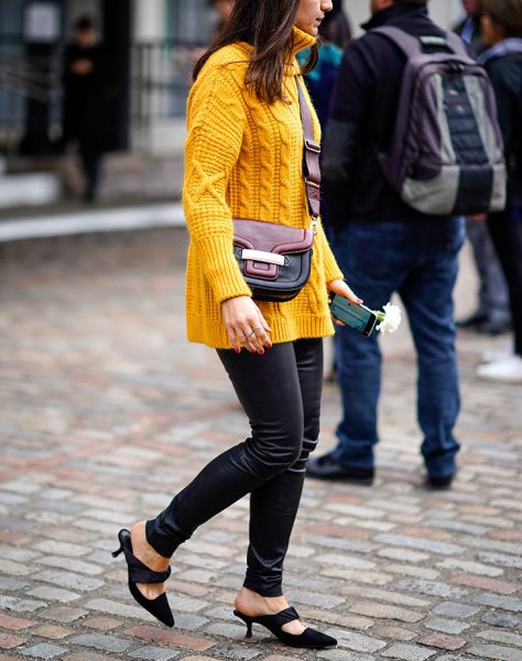 Suede kitten heels with yellow knit sweater