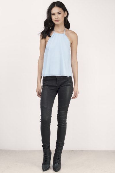 Sky blue halter tank top with black leather pants