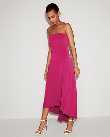 pink strapless high low maxi dress with white open toe heels