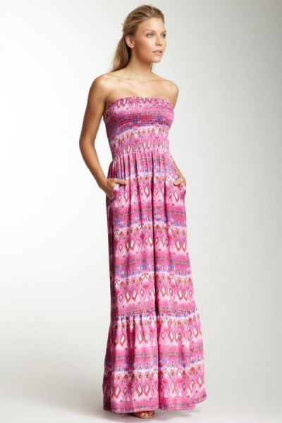 gray strapless maxi dress with tribal print and gathered waist