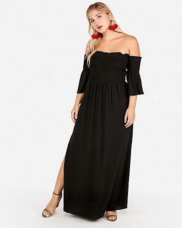 black ruffle sleeves off strapless maxi dress with side slit