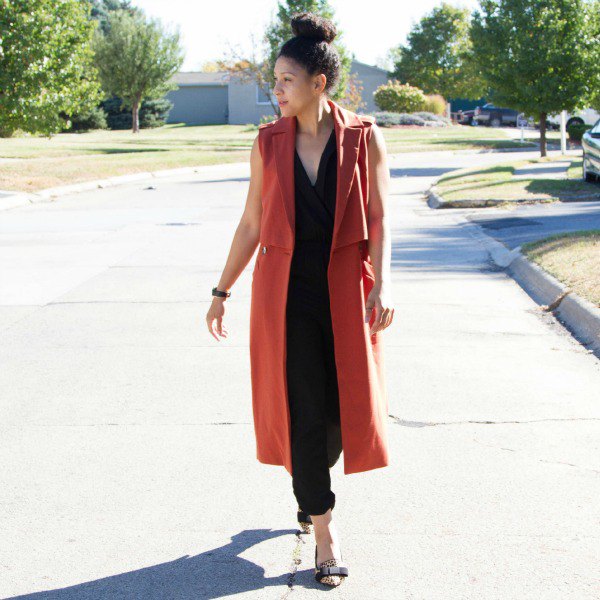red sleeveless longline blazer as a vest with black parts