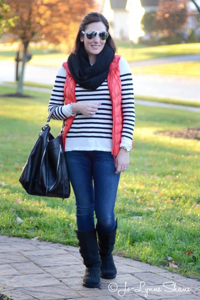 white and black striped sweater with suede knee high boots