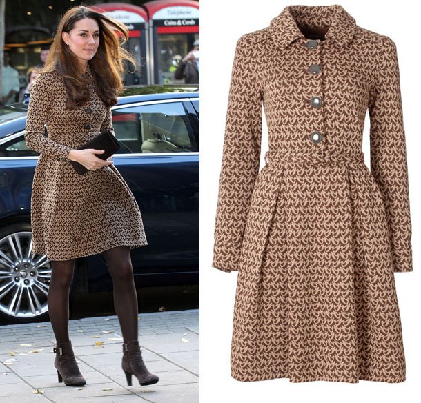 brown and white printed wool coat dress with stockings and heels