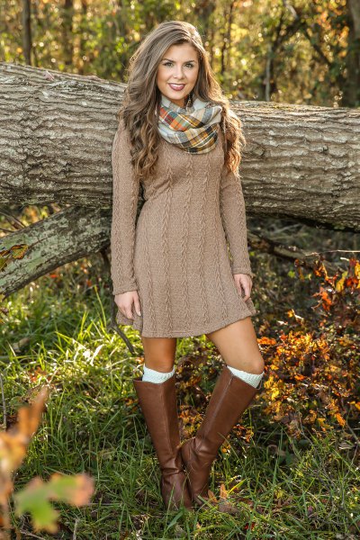 brown mini dress with cable stitch and knee high leather boots