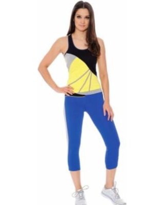 yellow and black tank top with short blue leggings