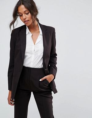 oversized suit jacket with white button down shirt and high waisted trousers