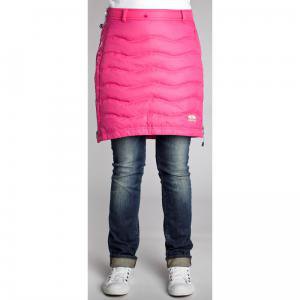 Pink down skirt with grey-blue jeans with cuffs