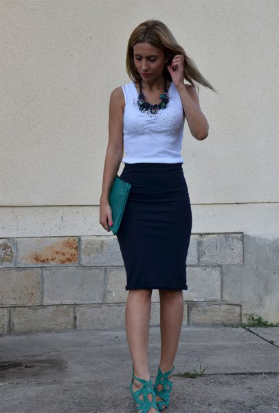 White fitted tank top with pencil skirt