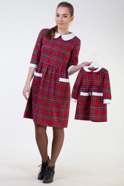 white collar, red plaid, knee-length dress with gathered waist