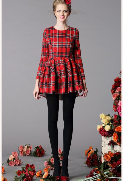 red and black plaid fit and flare dress