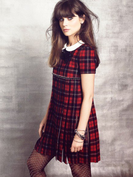 red checked mini dress with white collared blouse