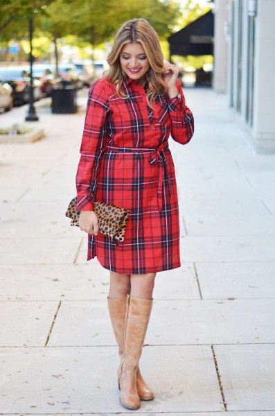 red and black plaid shirt dress tan suede boots