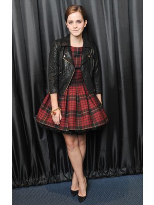 red and black plaid skater dress leather jacket