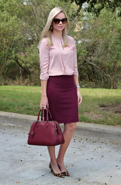 Pale pink pleated blouse with burgundy skirt and leopard print heels