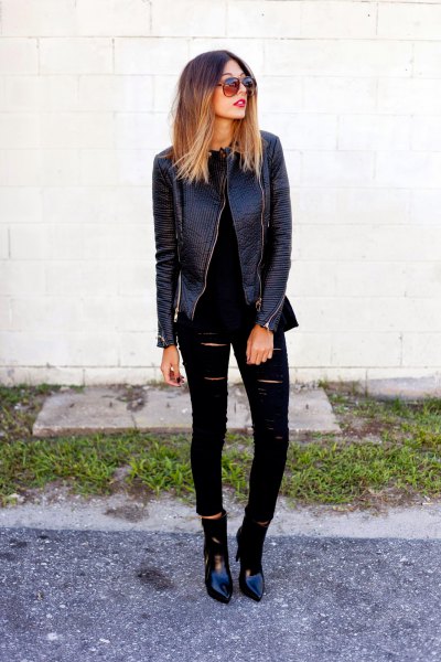 black leather jacket with ripped skinny jeans and pointed toe boots