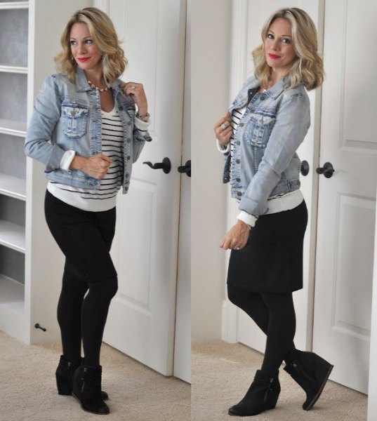 blue denim jacket with white and black striped sweater and wedge boots