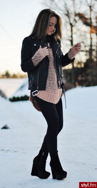 black leather jacket with crochet crepe sweater and ankle boots