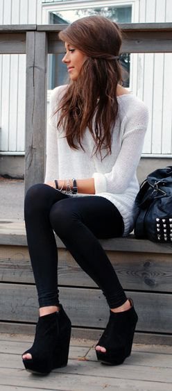 white sweater dress with leggings and black open toe wedge boots