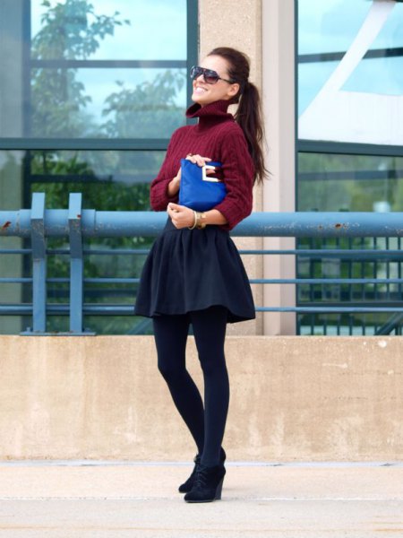 Burgundy turtleneck styled turtleneck, skater skirt and black wedge boots
