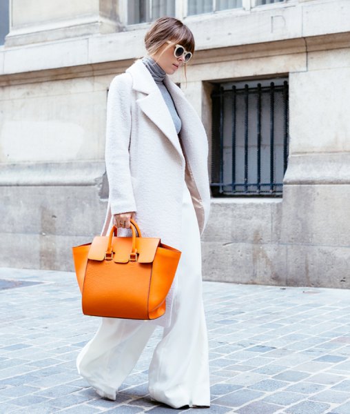 white wool coat with flared pants