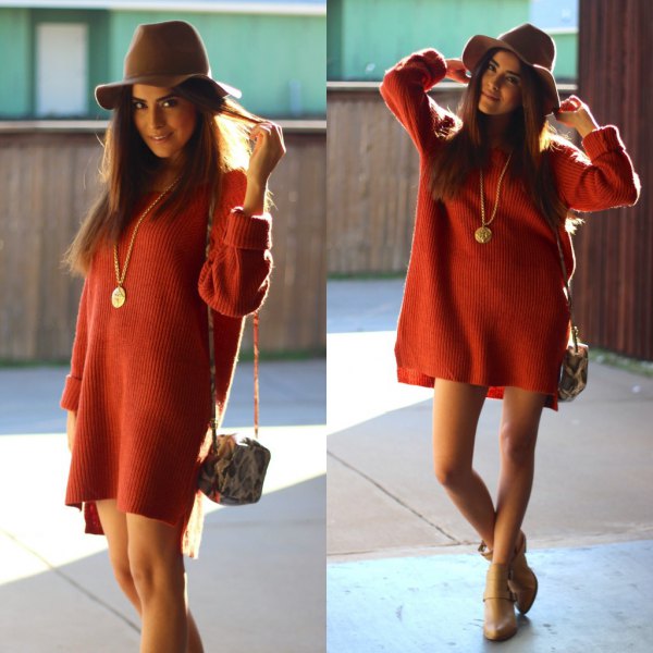red chunky sweater dress with gray floppy hat