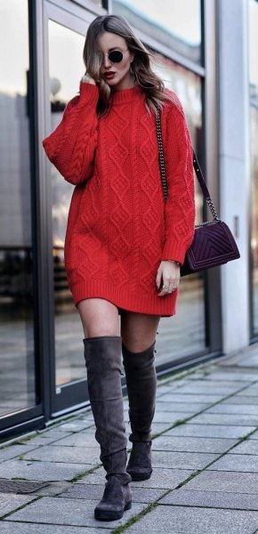 red knit sweater dress with gray overknee boots